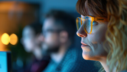 Wall Mural - A woman wearing yellow glasses is looking at a computer screen