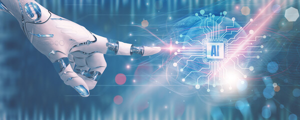 Wall Mural - robotic hand touch connect to ai system, concept robot learn control from intelligence and working w