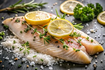 raw fish filet with lemon and salt seasoning. Raw seafood prepare in kitchen