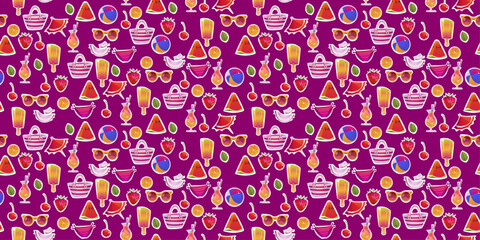Leinwandbilder - Watermelon, strawberry, orange, glasses, bikini, ice cream, umbrella, cocktail, coconut. Summer pattern of stylish elements.