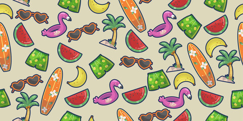 Leinwandbilder - Watermelon, shorts, swimming ring, banana, glasses, palm tree. Summer and bright pattern of stylish and thematic elements.