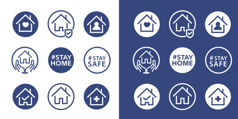 Fototapete - Icons on the theme stay at home. A different set of icons for the stay at home variation, for white and dark backgrounds.