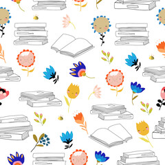 Sticker - Vector Seamless Pattern with Books and Funny Cartoon Flowers