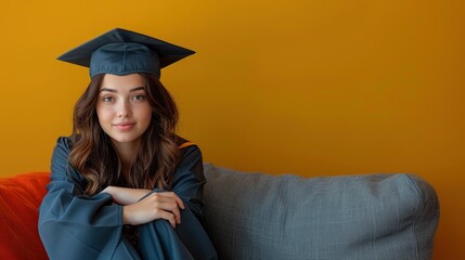 Wall Mural -  A young woman in a graduation cap and gown posing for photos on a yellow background banner for copy space