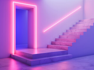 Sticker - A modern hallway with neon pink and blue lights illuminating the stairs and doorway, blending futuristic design with minimalist architecture.