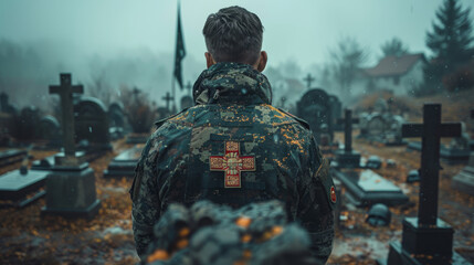 A soldier medic in military uniform looks at the graves in an old cemetery.