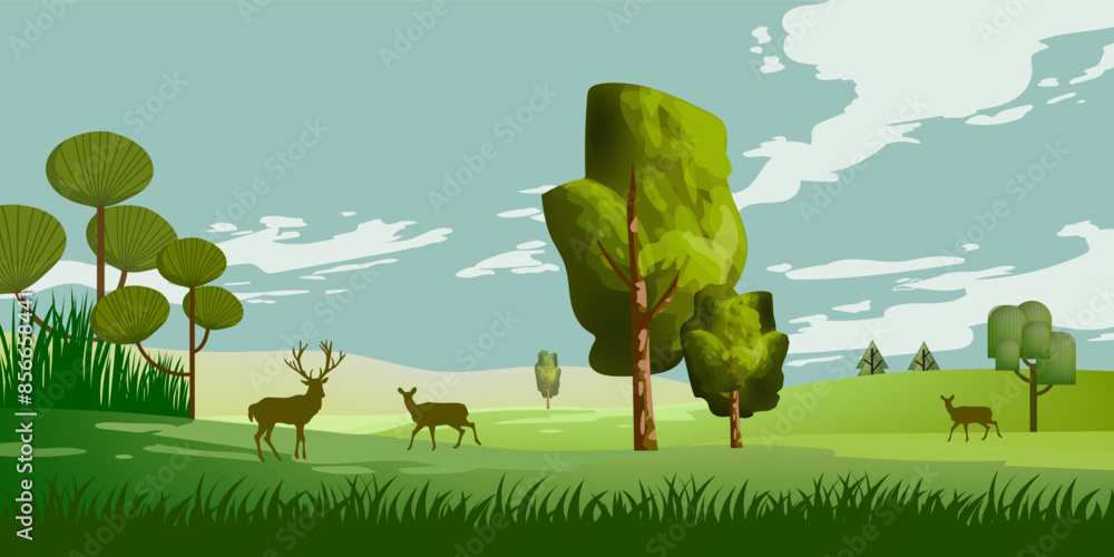 Nature landscape with green meadow, grass, trees and blue sky vector ...