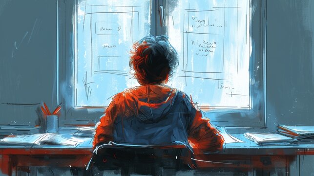 A person sitting at a desk, staring out the window with a blank expression, doodles on paper. 