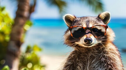 Wall Mural - Quirky Raccoon Wearing Sunglasses Relaxing on Idyllic Tropical Beach with Copyspace for Summer Wallpaper or Background