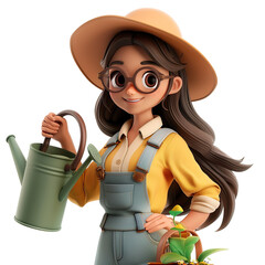 Wall Mural - 3d cartoon illustration of angled view close up shot of a female gardener holding a watering can, smiling, looking at camera isolated on a white transparent background