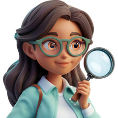 Wall Mural - 3d cartoon illustration of angled view close up shot of a female jeweler holding a magnifying glass, smiling, looking at camera isolated on a white transparent background