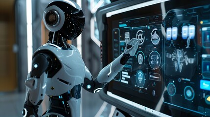 Fototapete - A humanoid robot, featuring a white and black exterior, interacts with a sleek touchscreen interface in a modern setting. Generative AI