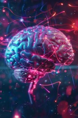 Sticker - Futuristic hologram of a human brain with neural connections, glowing digital technology concept