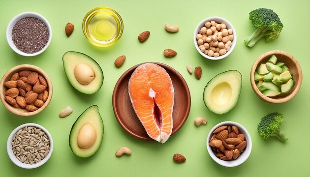 Keto diet concept - salmon, avocado, eggs, nuts and seeds, light green background, top view