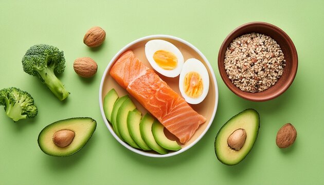 Keto diet concept - salmon, avocado, eggs, nuts and seeds, light green background, top view