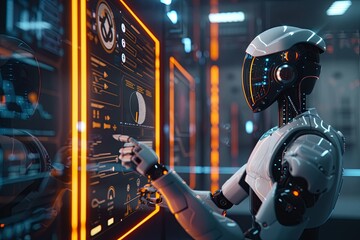 Fototapete - A humanoid robot with a white and black exterior interacts with a touchscreen interface, displaying AI functions, in a sleek, modern environment. Generative AI
