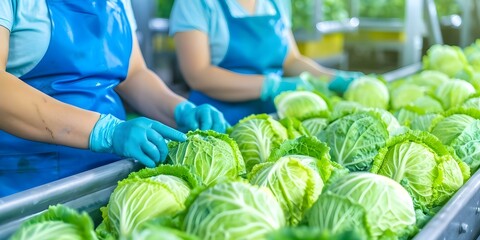 Wall Mural - Hydroponic Cabbage Being Processed by Workers on a Conveyor Belt in a Factory Plant. Concept Hydroponic Farming, Vertical Agriculture, Factory Processing, Conveyor Belt System