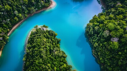 An aerial shot capturing the mesmerizing colors and serene waters of the uña lagoon surrounded by lush forests