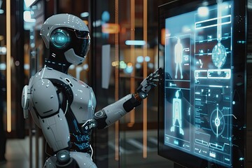 Fototapete - A humanoid robot with a sleek, white exterior interacts with a touchscreen interface in a modern setting, showcasing advanced AI capabilities. Generative AI