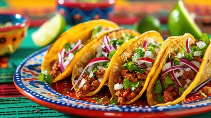 Wall Mural - Delicious Mexican tacos with meat, beans and vegetables on a dark background. Close up