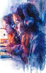 Artistic depiction of two focused female gamers with headsets in an energetic gaming environment. Vivid colors highlight their determination.