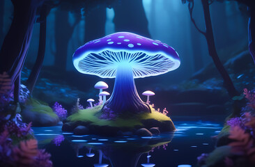 Wall Mural - A cartoon mushroom tree with glowing blue and purple spores, on an island surrounded by dark water.