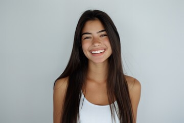 Wall Mural - Portrait of beautiful smiling young hispanic woman with long straight hair, looking at camera isolated on white background. Portrait of happy latin girl wearing tank top laughing and showing perfect t