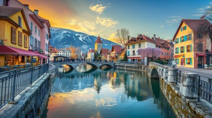 Annecy old town cityscape and Thiou river view and bridge.