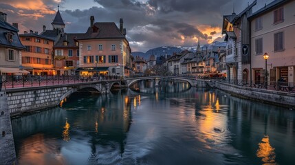 Annecy old town cityscape and Thiou river view and bridge