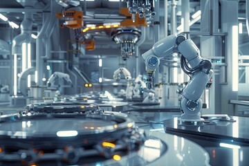 Aufkleber - A modern, clean manufacturing facility featuring robotic arms working autonomously to optimize production. Generative AI