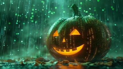A glowing digital pumpkin with a carved face, set against a backdrop of streaming green binary code, blending Halloween festivity with technology