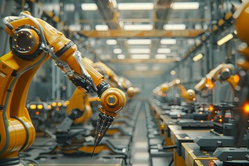 Poster - A row of robotic arms in a high-tech manufacturing facility, showcasing automated production processes. Generative AI