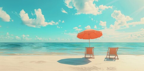 Wall Mural - Umbrella with chairs on sand, beach scene. Summer vacation concept.