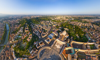 Wall Mural - Rome, Italy. St. Peter's Cathedral - Basilica di San Pietro. Panorama of the city on a summer morning. Sunny weather. Aerial view