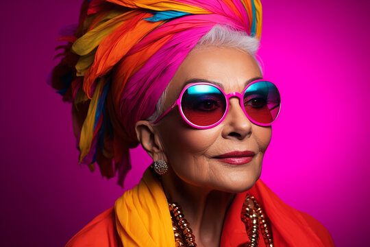 Matured middle aged stylish modern woman wearing bright color neon cloths in copy space pink background, Senior happy woman wearing luxury jewelries and sunglasses and head covered with colorful scarf
