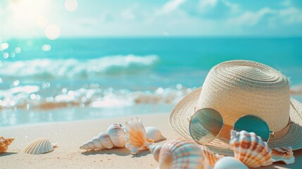 Beach background with summer hat, sunglasses and seashells on the sand. vacation concept