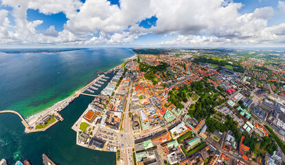 Wall Mural - Helsingborg, Sweden. Panorama of the city in summer with port infrastructure. Oresund Strait. Aerial view