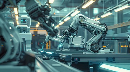 Fototapete - A close-up view of a high-tech manufacturing plant featuring robotic arms and automated systems. Generative AI