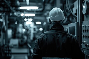 Wall Mural - Engineer Inspecting Control Panel in Industrial Setting with Machinery Background