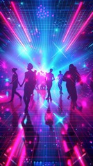 Vibrant 80s dance party scene with neon lights, geometric patterns, and stylish figures, ideal for creating a retro party atmosphere