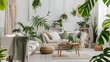 © Keyho - An urban jungle retreat-inspired living room design featuring a white canvas backdrop, Styled with minimalist urban jungle furniture arrangements, Urban jungle minimalist style