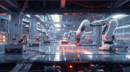 Wall Mural - A modern, high-tech manufacturing plant with robotic arms and automated systems controlled by AI. The plant is clean, efficient, and optimized for production processes. Generative AI