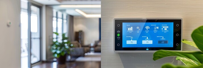 Poster - A sleek touchscreen panel mounted on a wall in a modern smart home. The screen displays home automation options such as climate control, security, and lighting. Generative AI