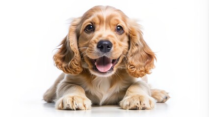 Vigorous english cocker spaniel puppy, isolated on white background, exhibits unbridled energy, playful antics, and joyful expression, epitomizing pure youth and uncontainable excitement.