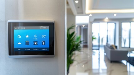 Aufkleber - In a modern smart home, a touchscreen control panel on the wall shows icons for lighting, security, and climate controls for easy automation. Generative AI