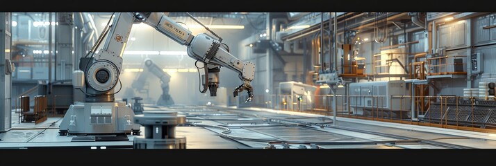 Leinwandbilder - A high-tech manufacturing plant with robotic arms controlled by AI optimizes production processes. The clean and efficient environment showcases modern industrial technology. Generative AI