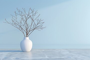 Wall Mural - Single Branch in Vase on Blue Background - Minimalist Abstract Style