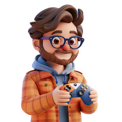 Wall Mural - 3d cartoon illustration of angled view close up shot of a male video game developer holding a game controller, smiling, looking at camera isolated on a white transparent background