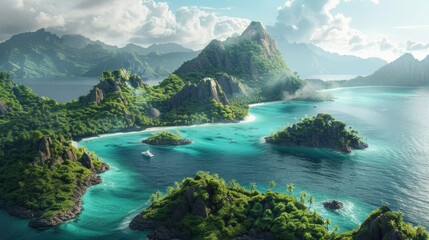 Tropical Island, Nature landscape, crystal blue sea, lush jungle, 300 DPI