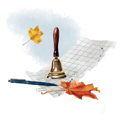 A school bell, a notebook, a pen, and autumn leaves. Watercolor illustration. Ink spots and a checkered notebook. Back to school. On a white and blue background. Primary school supplies.